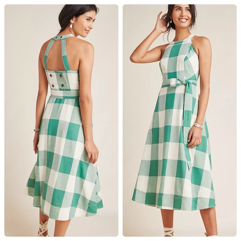 Maeve by Anthropologie Greta Green Check Linen-Blend Dress, 10